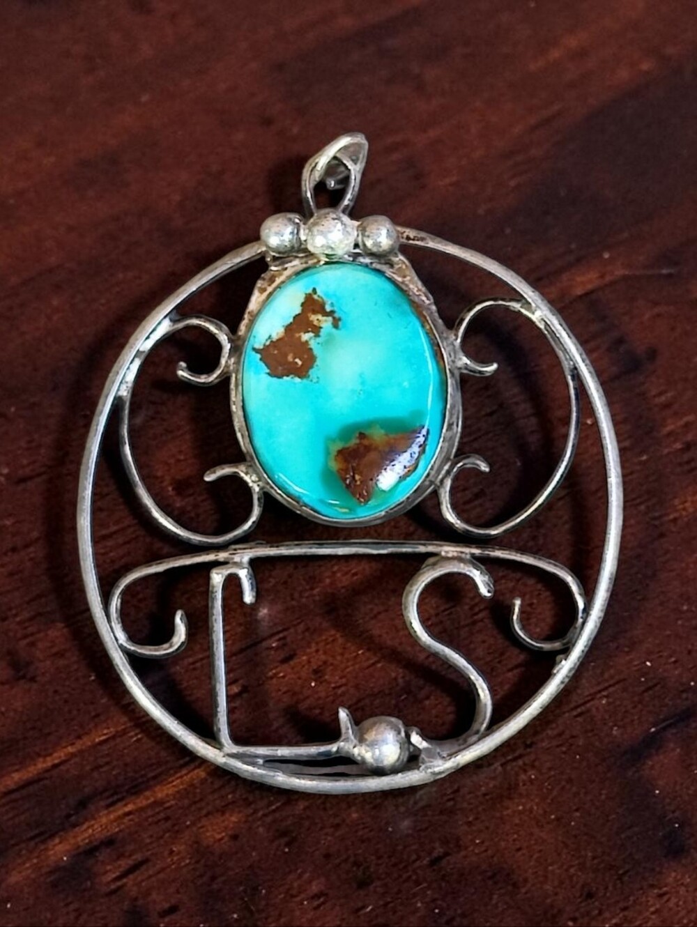 Antique Sterling Silver Custom Turquoise LS Initials Pendant
